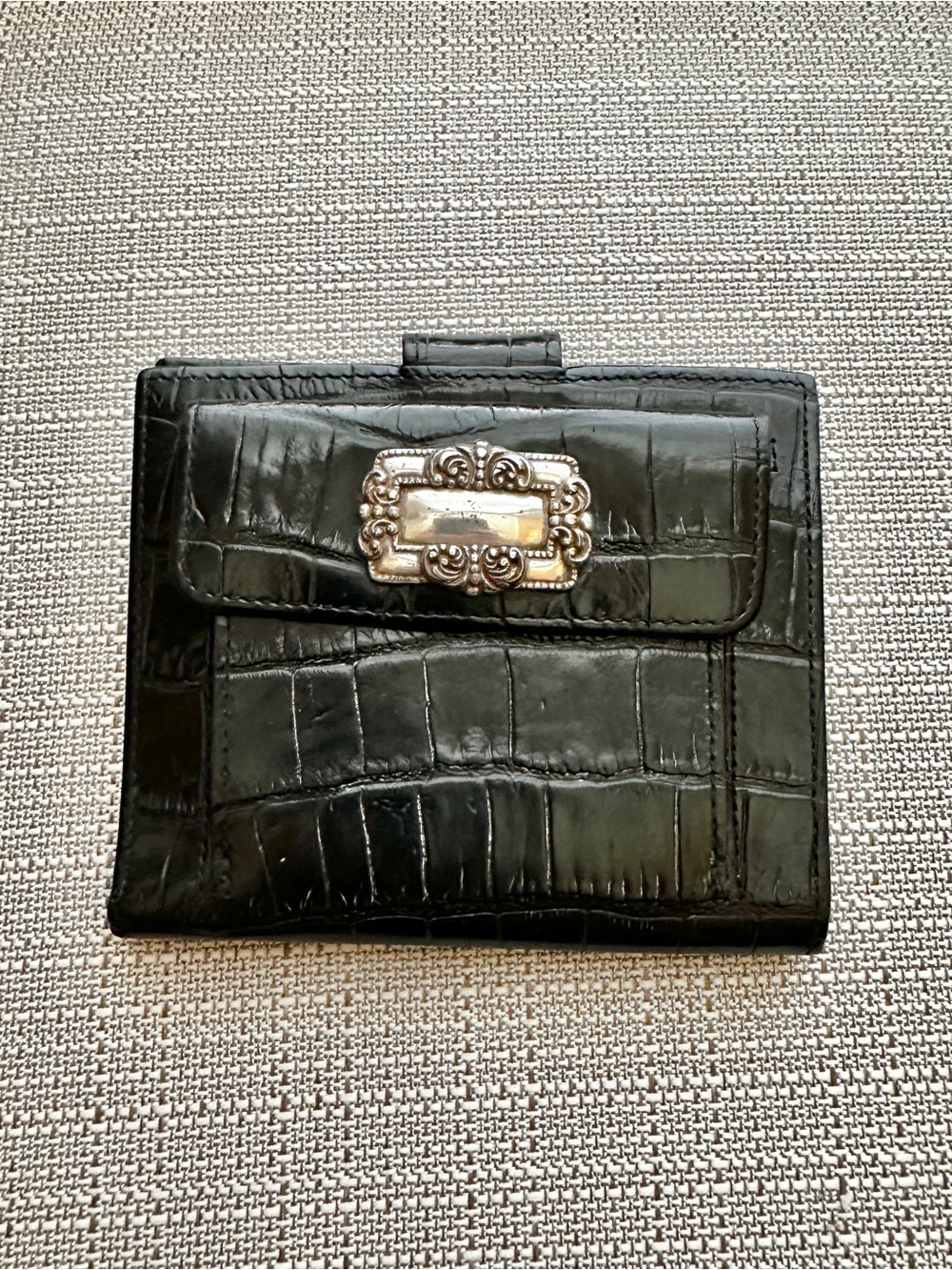 Black Croc-Embossed Wallet with Decorative Silver Plate